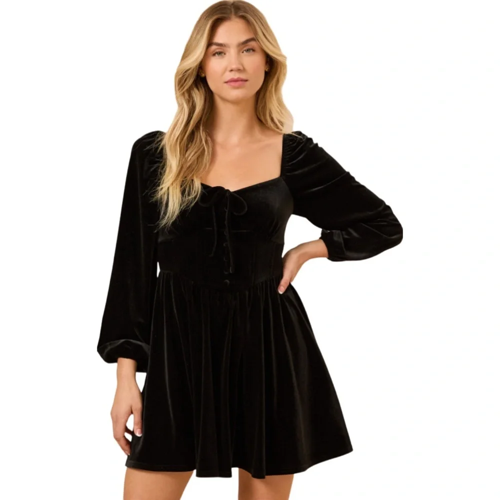 Black Velvet Bustier Babydoll Dress Regency Square Neck Blu Pepper Medium